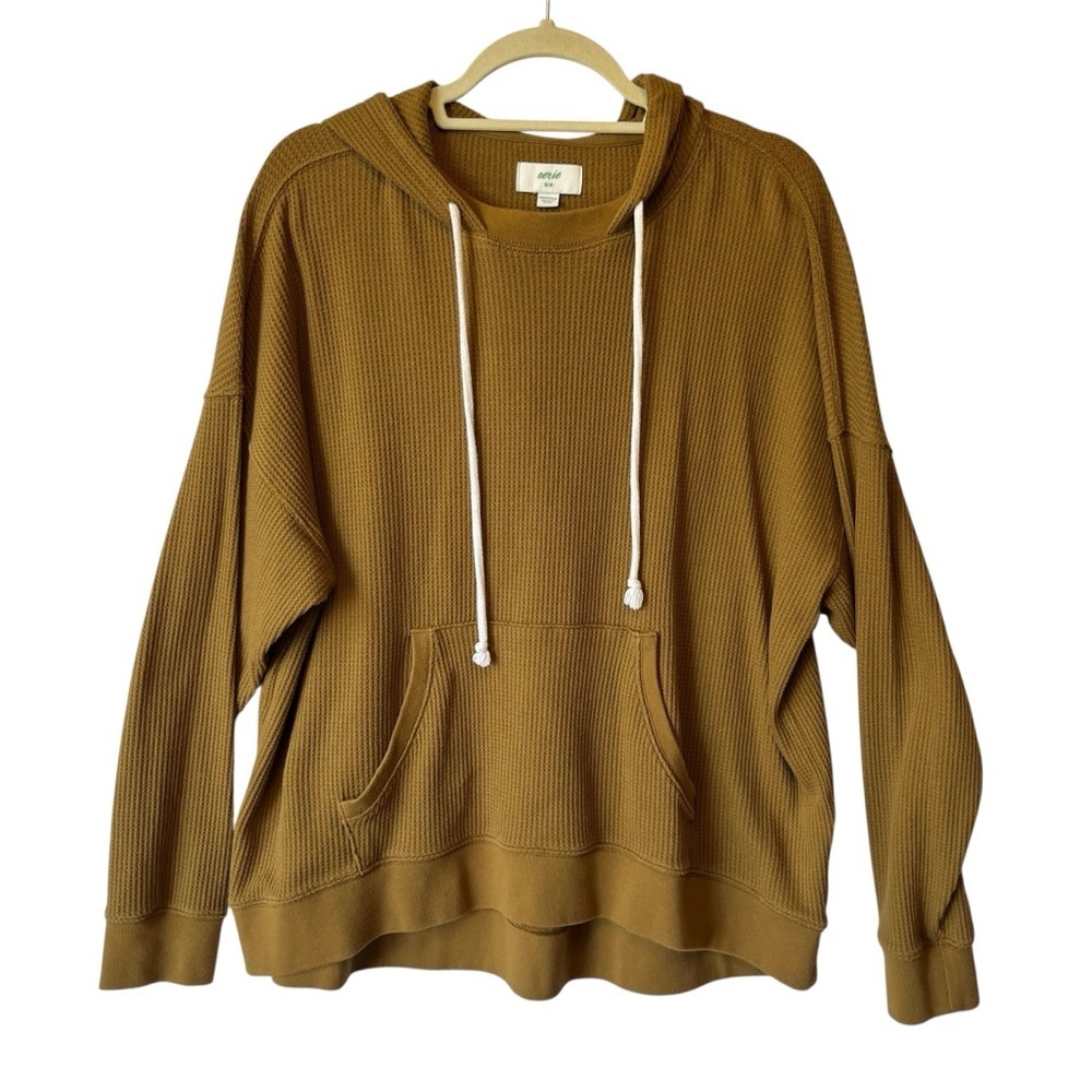 Aerie waffle knit hoodie Medium Mustard Golden brown Pocket Long sleeve shirt